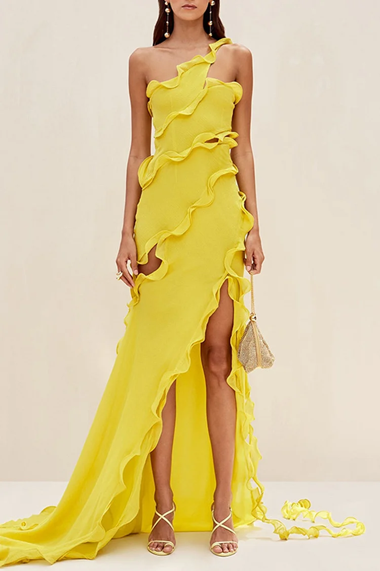 One Shoulder Ruffled High Slit Maxi Dress-Yellow