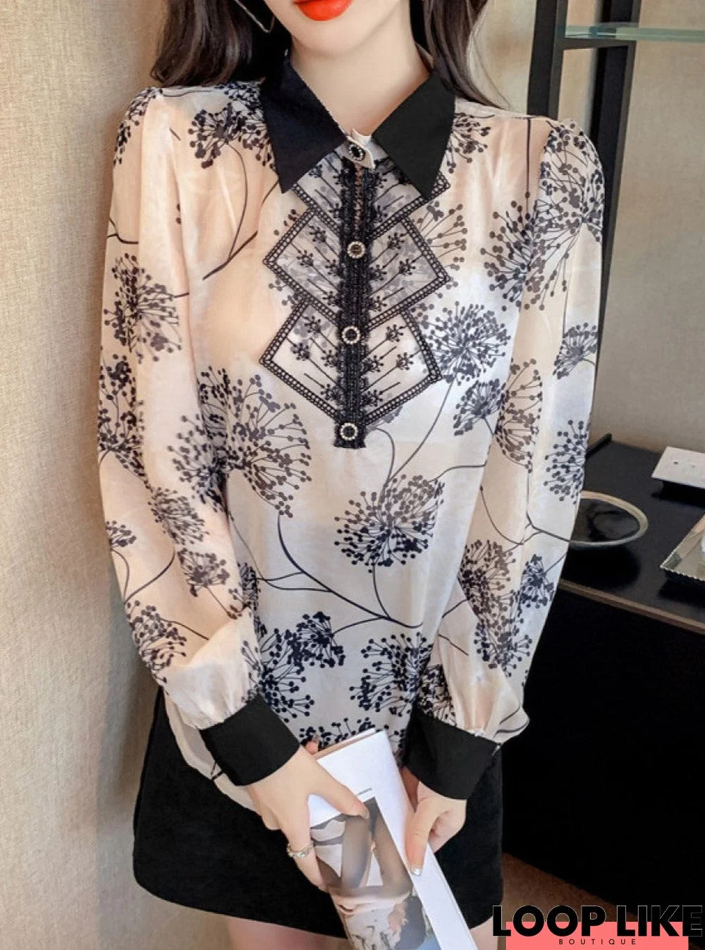 Elegant Jacquard Chiffon Long Sleeve Shirt