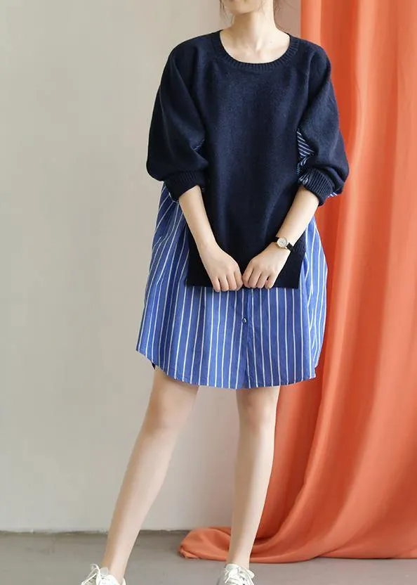 Classy blue Cotton Long Shirts patchwork Plus Size fall Dresses