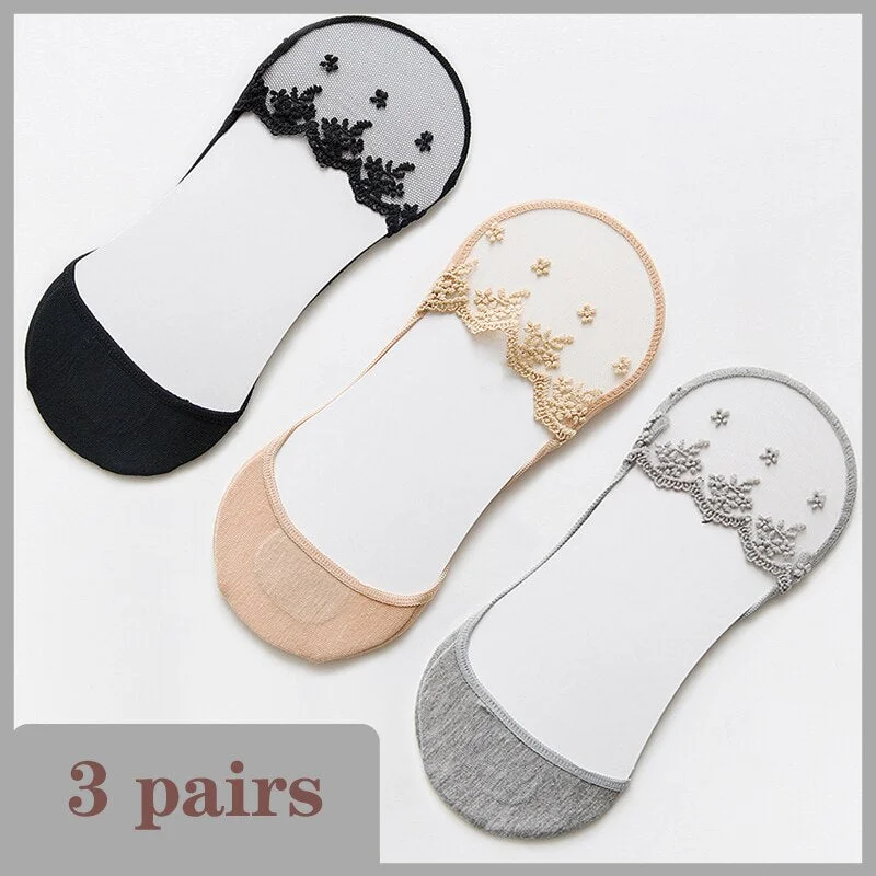 Lace Socks Women Summer Breathable High Heel Invisible Boat Socks Ankle Low Cut Sock Solid Embroidered Female Sox 3 Pairs