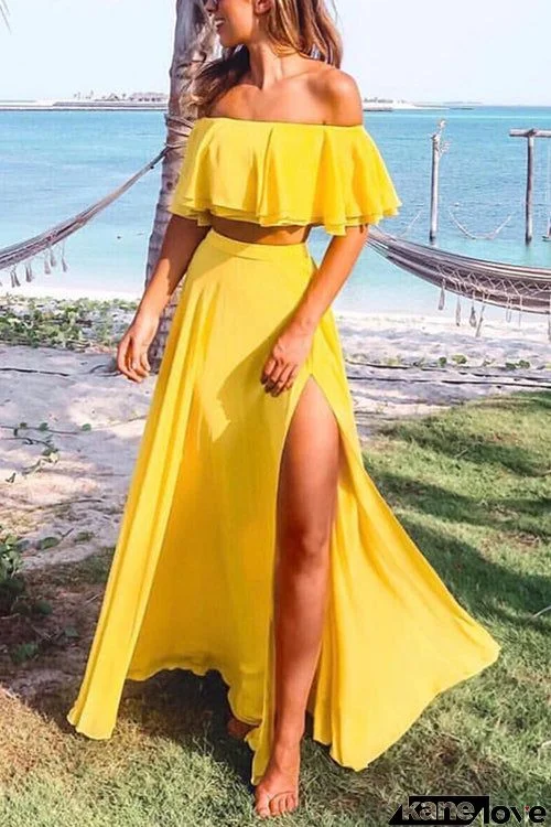 Off Shoulder Crop Slit Maxi Skirts Set