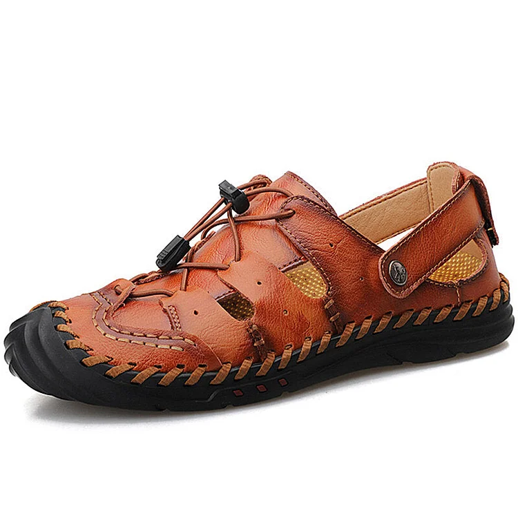 Men Hand Stitching Non Slip Elastic Lace Outdoor Casual Leather Sandals