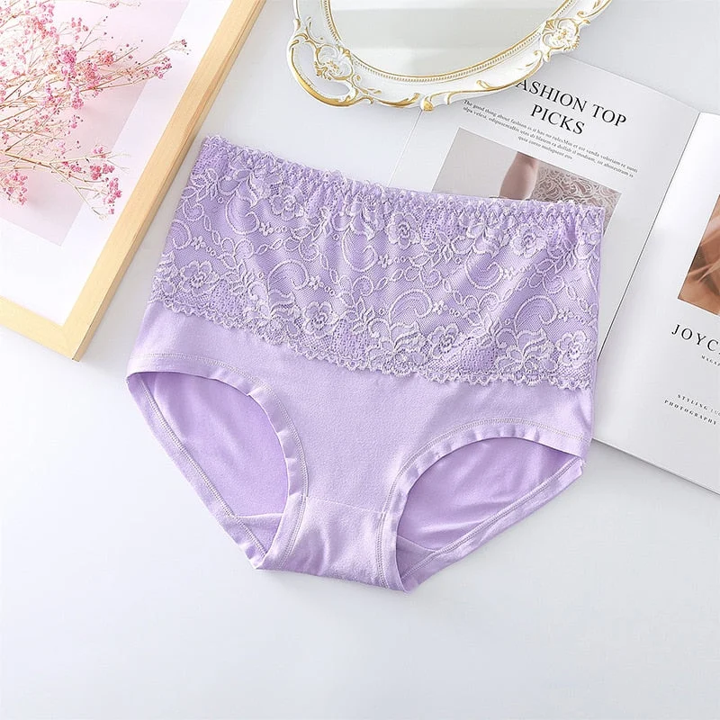 Large Size Women's Cotton Underwear Lace Panties Women's Solid Color Briefs High Waist Sexy Female Underpants Seamless Panties