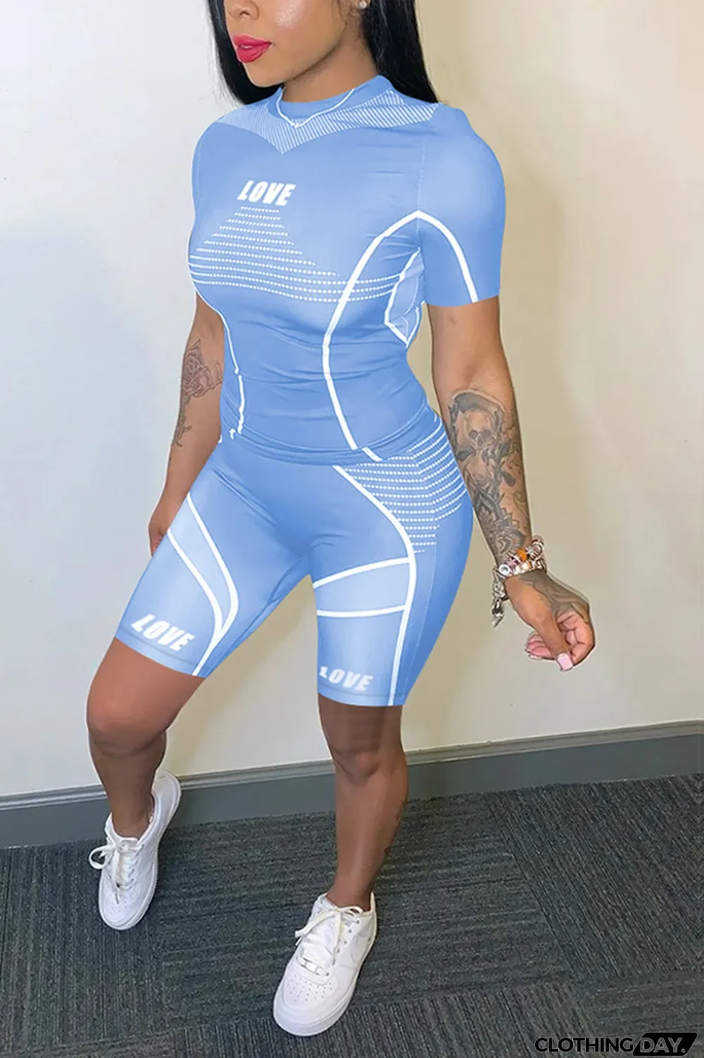 Pink knit Sexy Patchwork Print Straight Short Sleeve Two Pieces