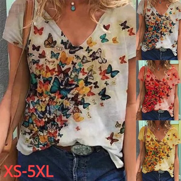 New Women Fashion Short Sleeve Multicolor Butterfly Print V-neck Casual Shirts & Tops T-shirts - BlackFridayBuys