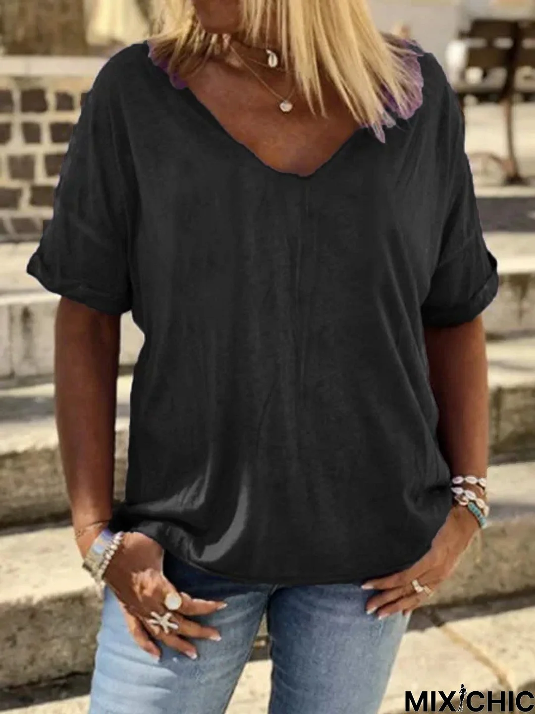 Plain Cotton-Blend V Neck Casual T-shirt