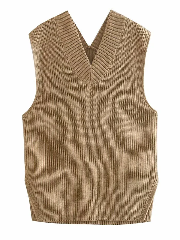 4 Colors V-Neck Simple Split-Side Sleeveless Knitted Vest