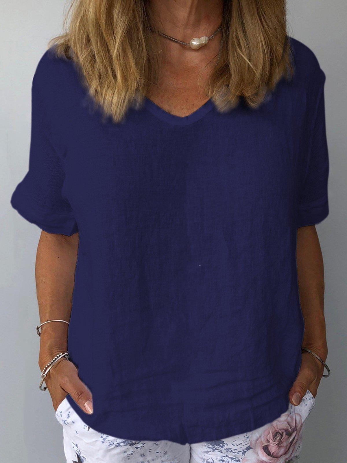 Women Summer Casual Pure Color Cotton O Neck Blouse 1
