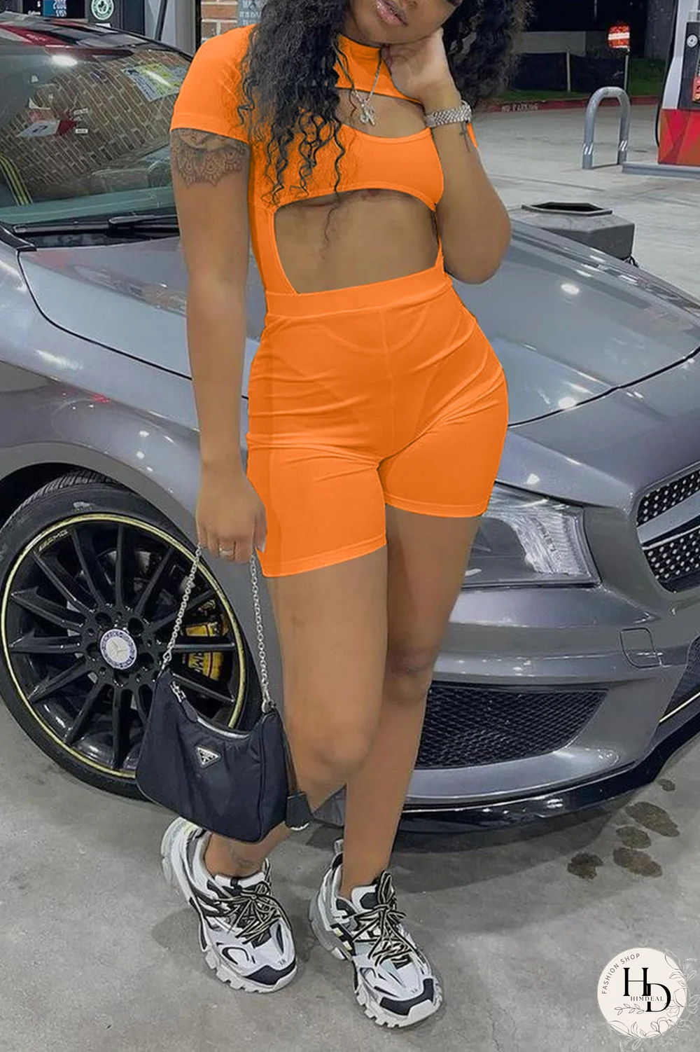 Khaki Sexy Solid Hollowed Out Half A Turtleneck Short Sleeve Two Pieces