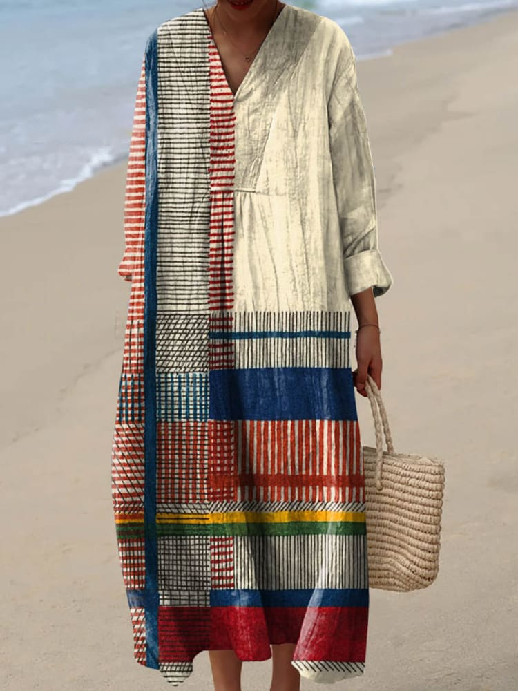Womens Vintage Modern Art Geometric Pattern Casual Cotton And Linen Dress