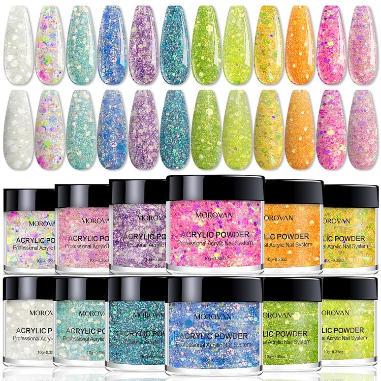 Morovan 12 Colors Glitter Acrylic Powder Set S64