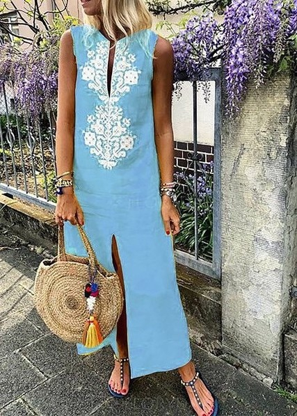 Older Women Summer V-neck Loose Front Slit Sleeveless Cotton And Linen Dress