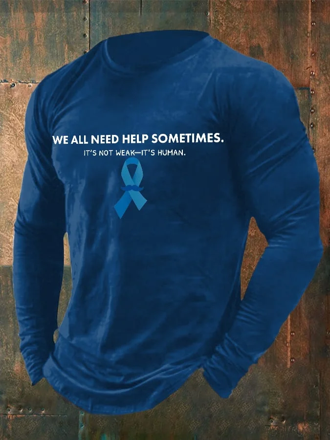 Men's Retro  Blue Ribbon With Mustache Men's Mental Health Awareness We All Need Help Sometimes. It's Not Weak-It's Human Print T-Shirt socialshop