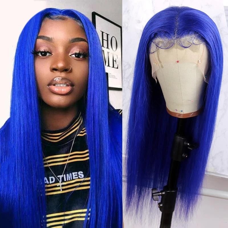 Blue Colored 134 / 1351 T Part/44 Transparent Lace Human Hair Wigs Pre Plucked Hairline Brazilian Lace Wig with Baby Hair Bling Hair