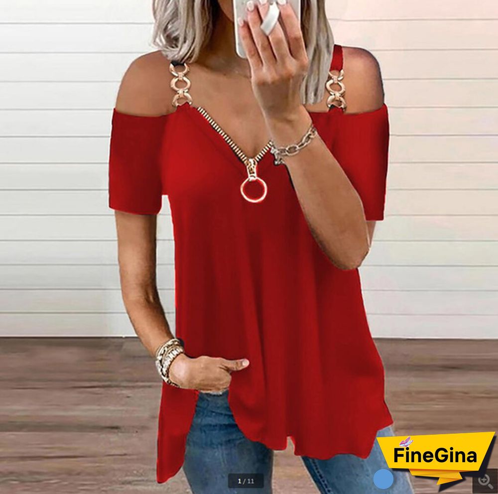 XS-8XL Spring Summer Tops Plus Size Fashion Clothes Women's Casual V-neck Blouses Off the Shoulder Tops Short Sleeve Tee Shirts Ladies Solld Color Loose T-shirt String Strap Tops Cotton T-shirt