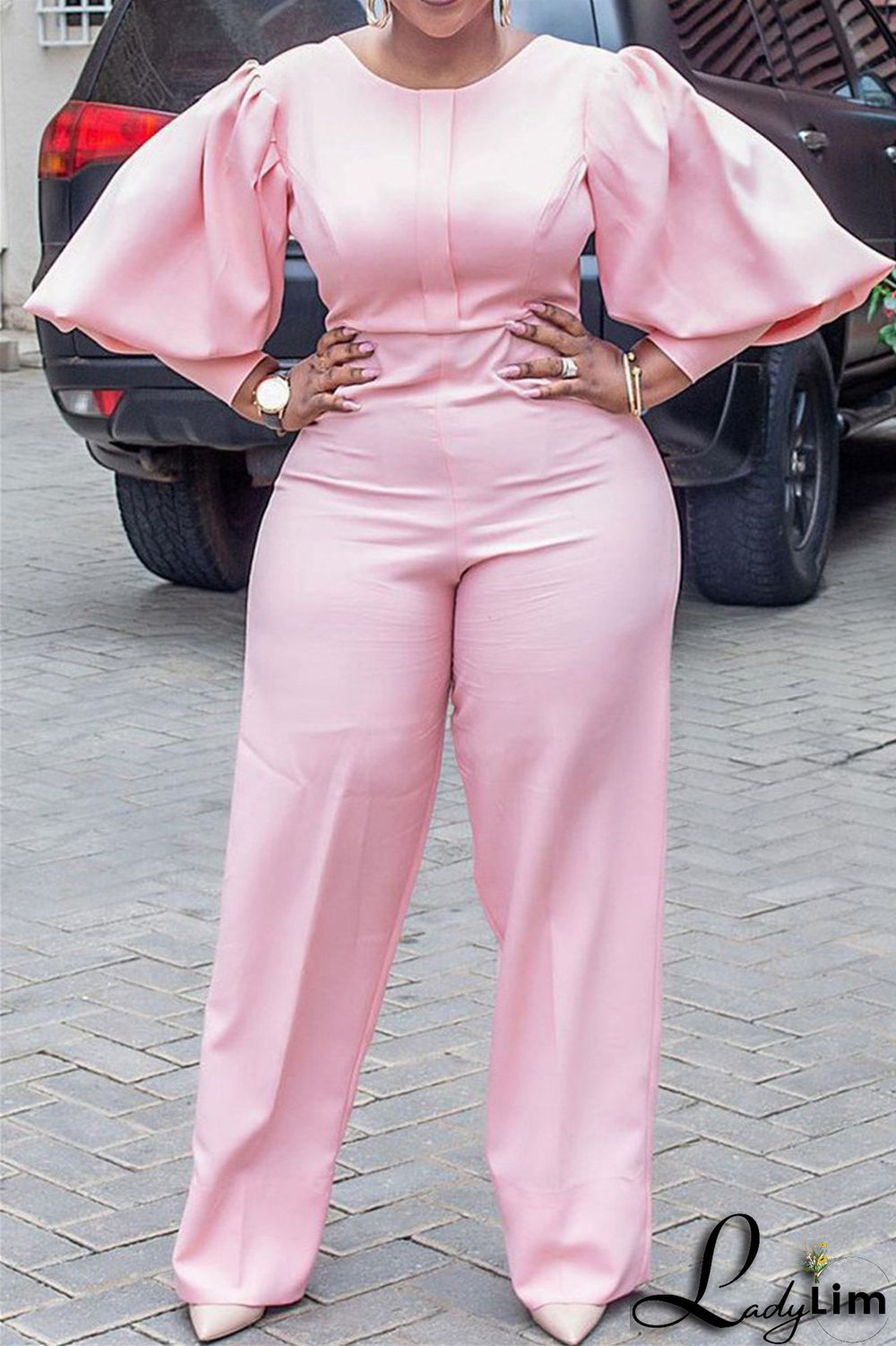 Pink Fashion Casual Solid Basic O Neck Regular Jumpsuits