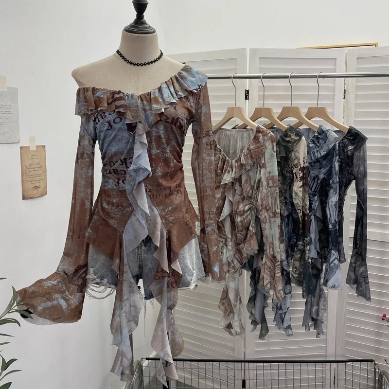 Nigikala Nigikala Shooting Retro Shoulder Tie-Dye Net Horn Long-Sleeved T-Shirt Irregular Lotus Leaf Side Ribbon Y2k Top 8012