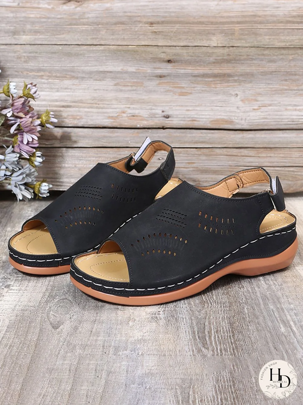 Cutout Velcro Vintage Casual Velcro Wedge Sandals