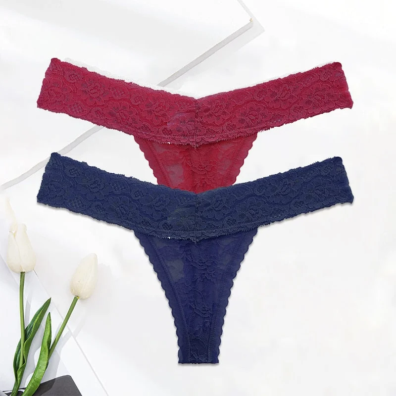 FINETOO 2PCS/Set M-XL Lace G-string Thong Panties for Woman Sexy Floral Underwear Transparent Women's Underpants Female Lingerie