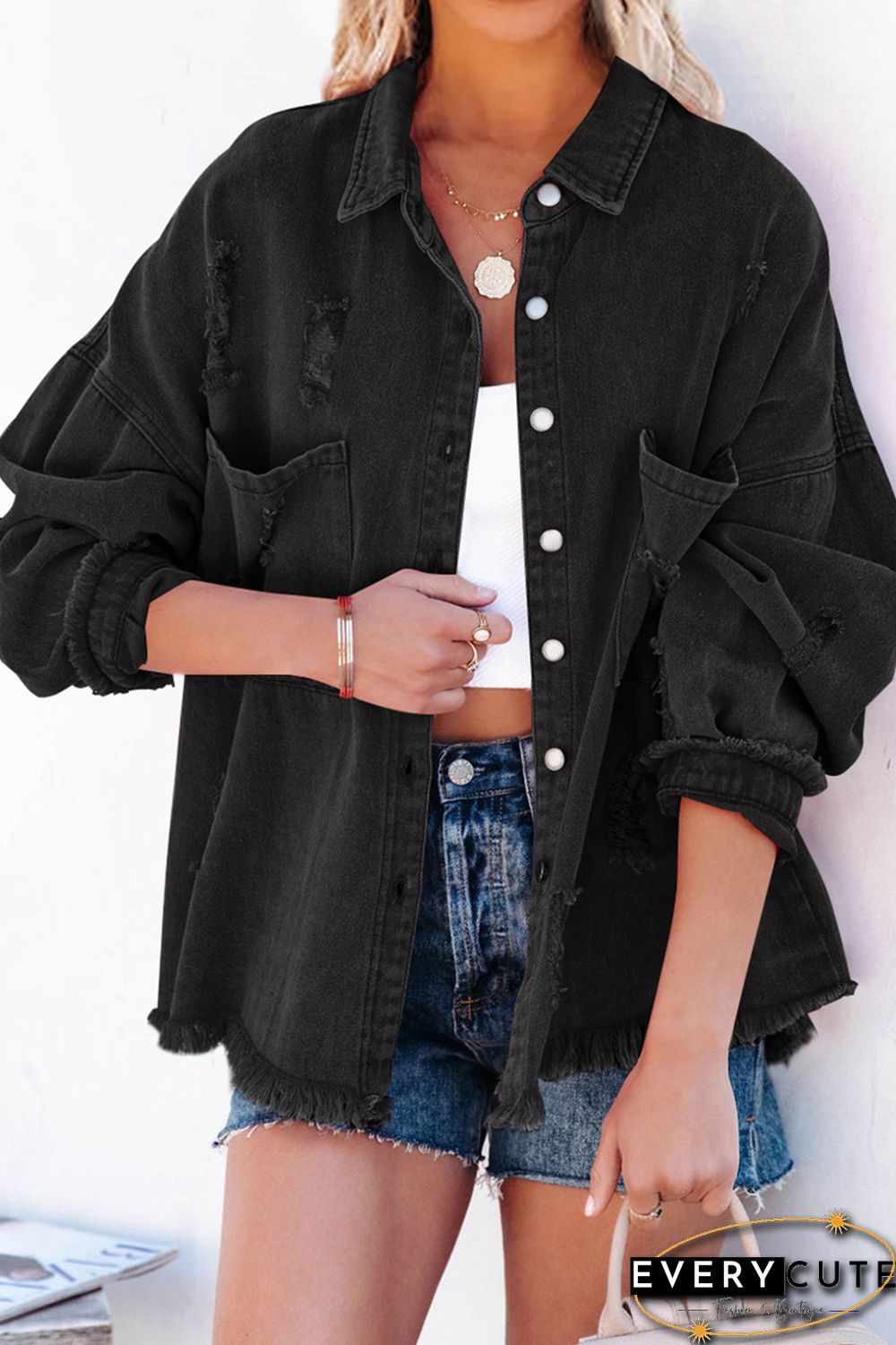 Black Christmas Hat Wine Glass Print Distressed Denim Jacket