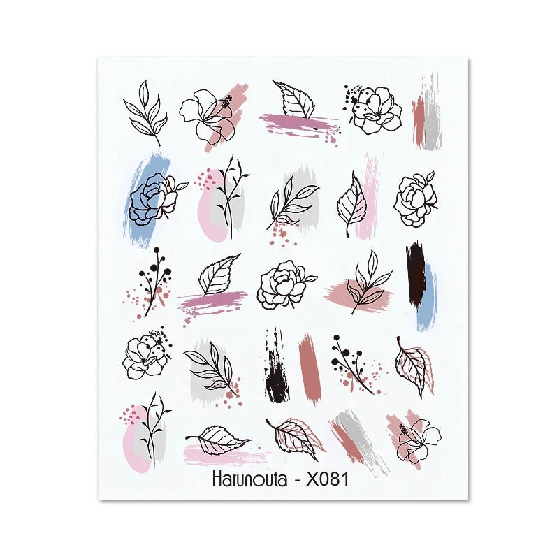 Harunouta Water Decals Ink Blooming Flower Leaves Transfer Nail Stickers Butterfly Love Heart Design Slider Watermark Decoration-Nail Inspo