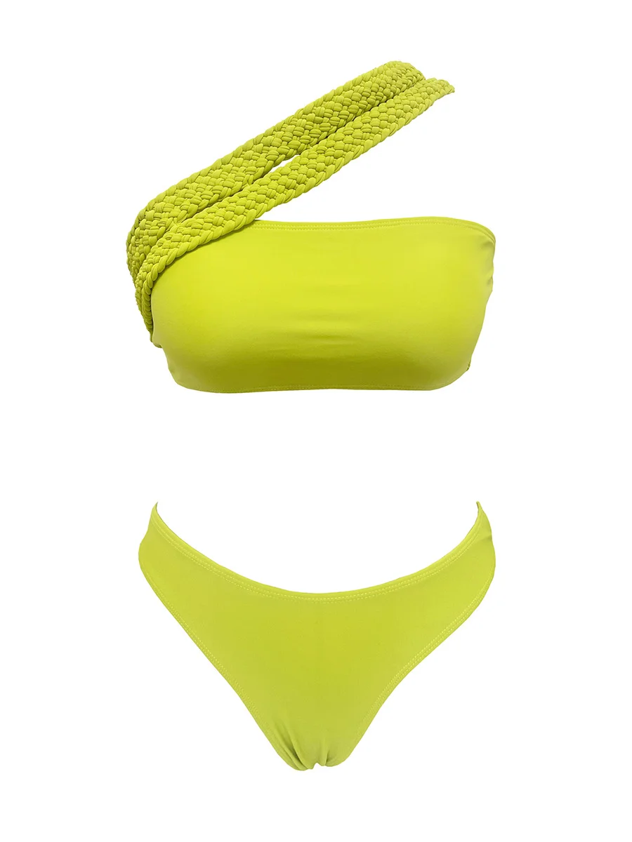 Uveng Single-Shoulder Rope Strap-Meared Solid Color Split Swimsuit Woman 2025 New Bikini