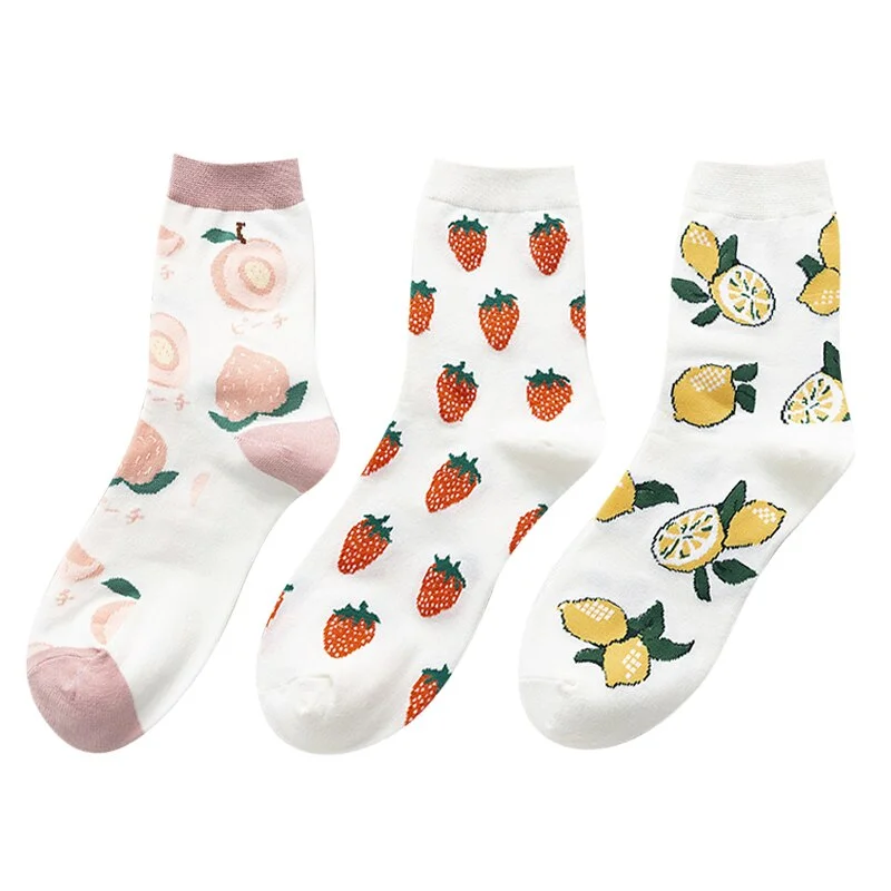 3 Pairs New Cartoon Fruit Cotton Socks Women Strawberry Avocado Lemon Korean Color Harajuku Warm Long Crew Socks Novelty 2020