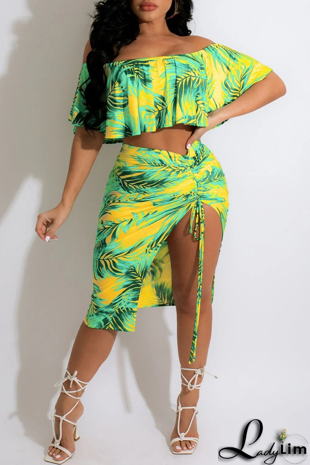 Yellow Fashion Sexy Print Draw String Frenulum Slit Off the Shoulder Two Pieces