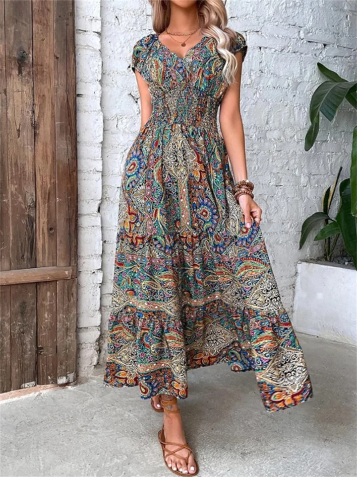 Women's Bohemian Style New V-neck Long Dress Waisted Floral Print Swing Dresses