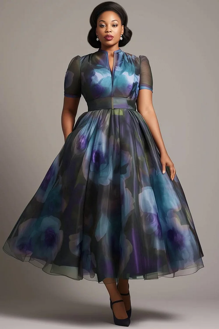 Xpluswear Design Plus Size Wedding Guest Purple Floral Round Neck Short Sleeve Pocket Organza Maxi Dresses 2024 - Xpluswear
