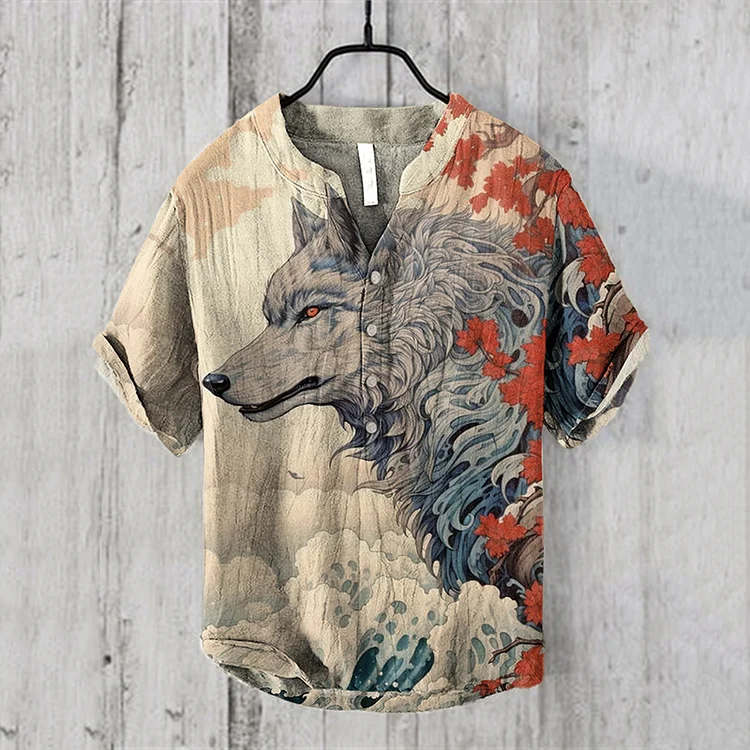 Comstylish Japanese Flowers & Wolves Art Print Henry Collar Shirt