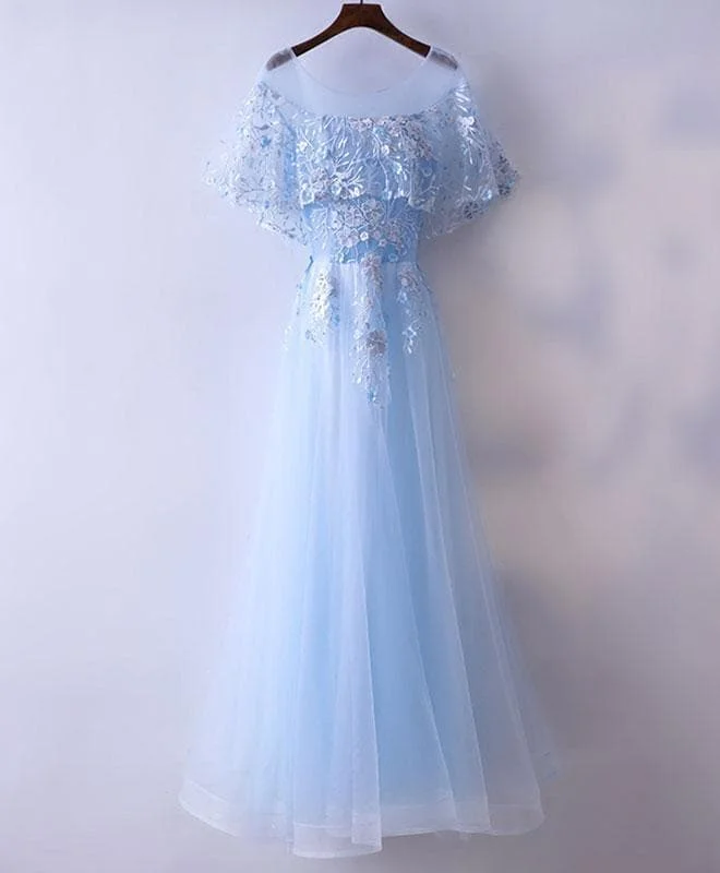 Light Blue Tulle Lace Long Prom Dress, Evening Dress