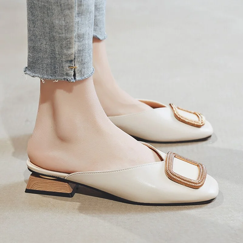 Luxury Designer Women Mules Pumps Sexy Buckle Wooden Block Heel Elegant Ladies Office Casual Shoes Party Women Slippers
