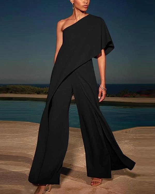 one shoulder solid high waist wide leg black elegant jumpsuit p127452