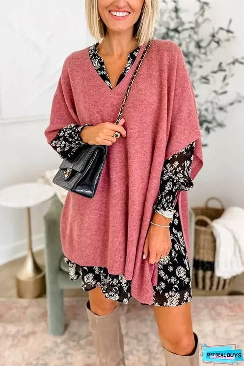Chicest V Neck Loose Fit Solid Poncho Sweater