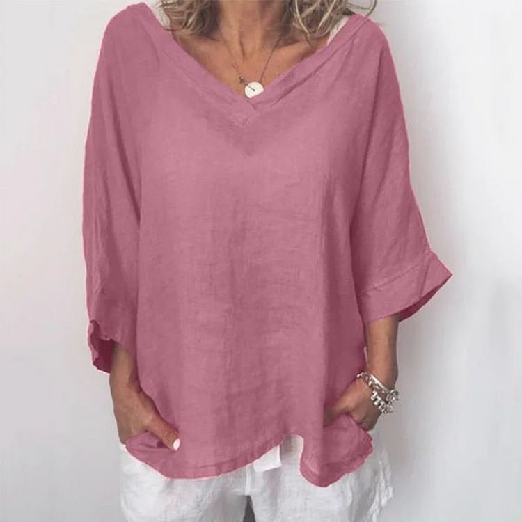 V Neck Comfy Linen Cotton Oversize Shirt