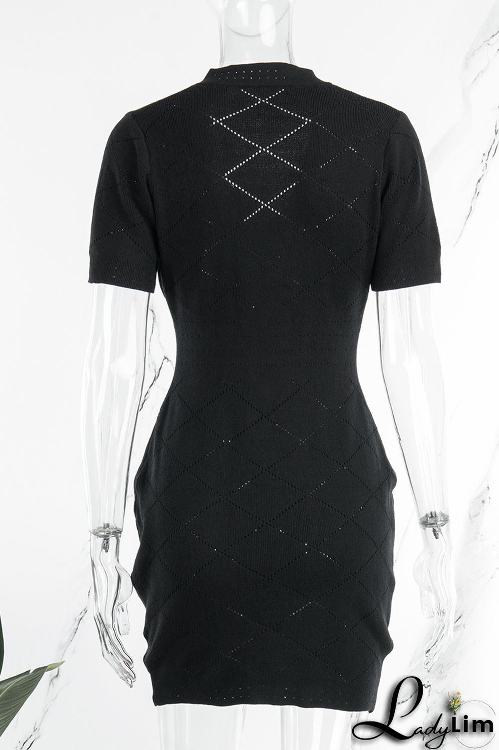 Black Casual Solid Patchwork V Neck Short Sleeve Dress