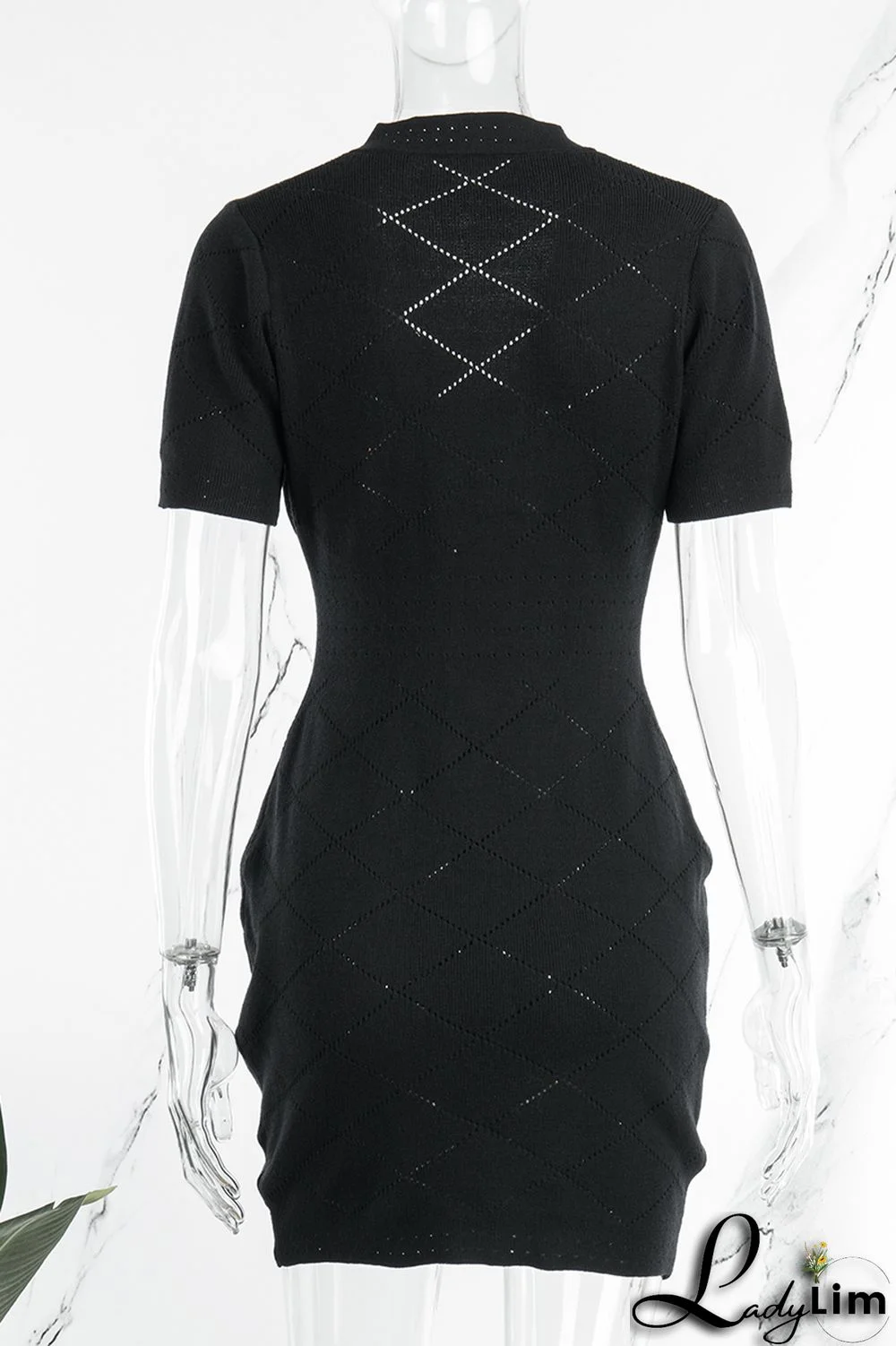 Black Casual Solid Patchwork V Neck Short Sleeve Dress