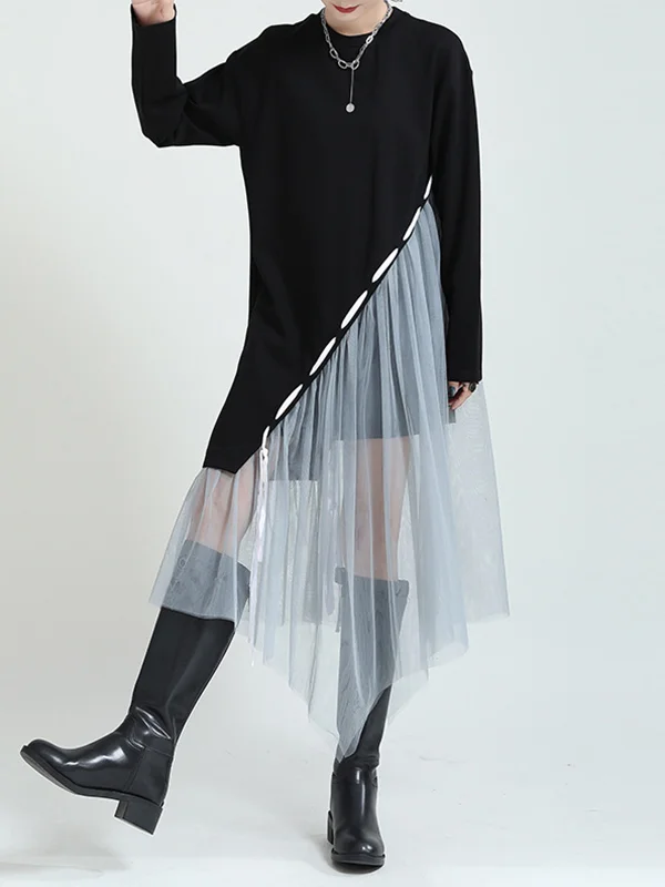 Urban Split-Joint False Two Asymmetric Drawstring Midi Dress