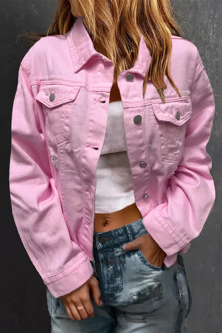 Solid Ripped Button Down Denim Jacket