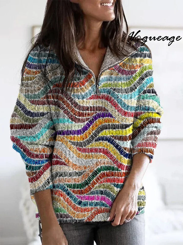 Comfortable Light Color Multi-Color Lines Zippered Long-Sleeved Sweater