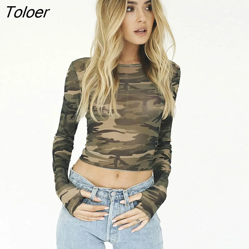 Toloer Women Crop Tops Summer Autumn Camouflage Print Tees T-shirt Fashion Basic Long Sleeve O-Neck Sexy Short Women T Shirts