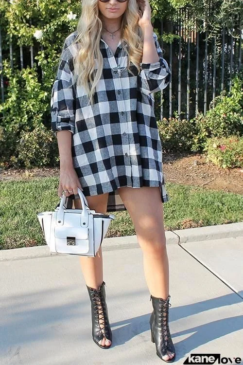 Grids Printed Swallow Shirt Dress