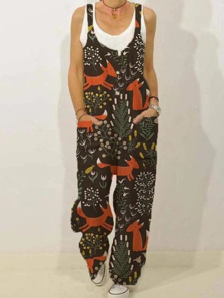 Women's Cute Fox Pockets Sleeveless Jumpsuit