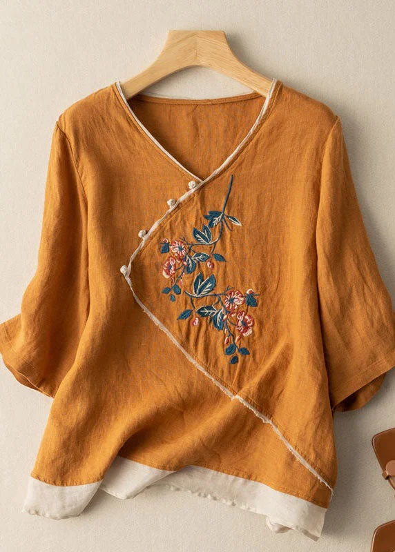 Fine Yellow V Neck Embroideried Patchwork Linen Tops Summer