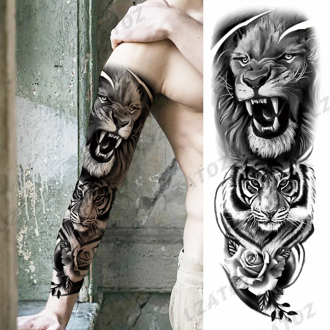Sdrawing Sleeve Temporary Tattoos For Men Women Realistic Pirate Ship Wolf Tiger Skull Rose Flower Fake Tattoo Sticker Arm Tatoos