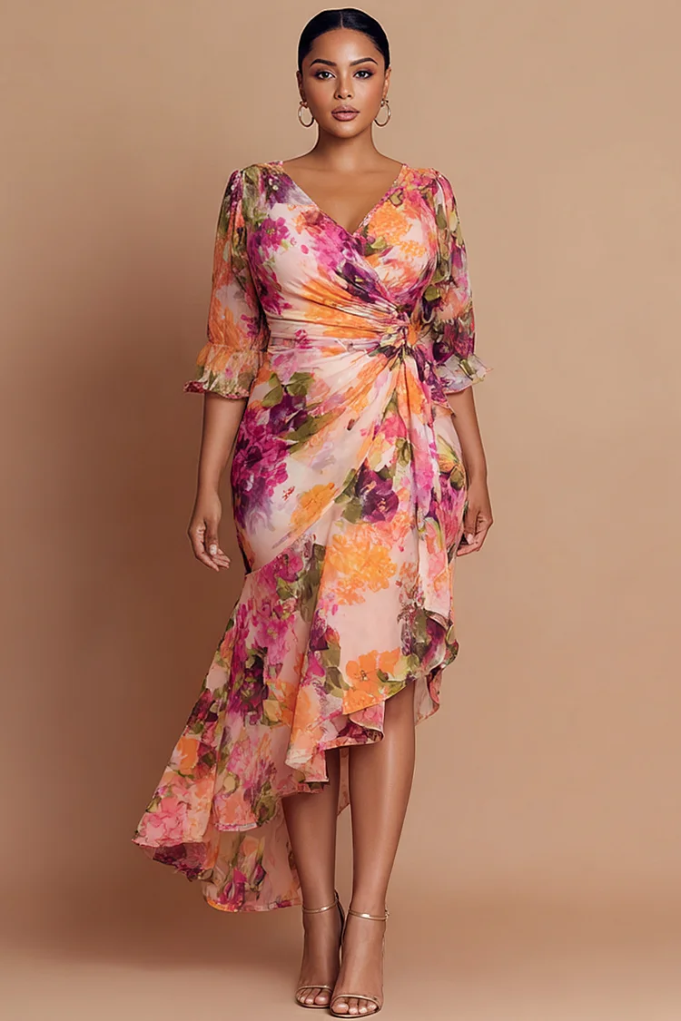 Xpluswear Design Plus Size Cocktail Party Elegant Multicolor Floral Wrap Neck Half Sleeve Ruffle Asymmetric Hem Chiffon Midi Dresses [Pre-Order] 2024 - Xpluswear