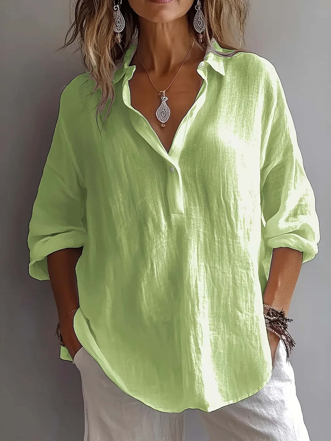 New Women's Linen Shirts, Long-Sleeved Tops, Shirts, Button- Shirts, Casual Loose Summer V-Neck Shirt | IFYHOME