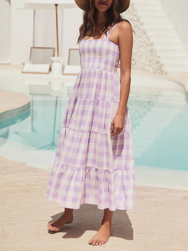 Mature Women's Casual Summer Sleeveless Plaid Swing Sling Dress