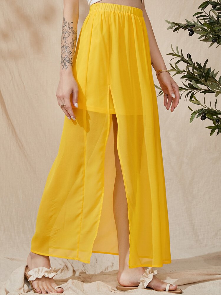 Solid Semi Sheer With Lining Elastic Waist Split Chiffon Skirt - Life is Beautiful for You - SheChoic
